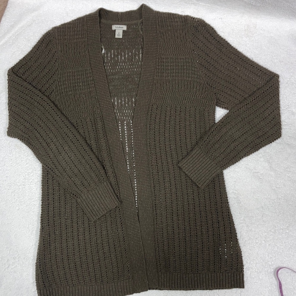 LL Bean brown cotton knit open sweater size small